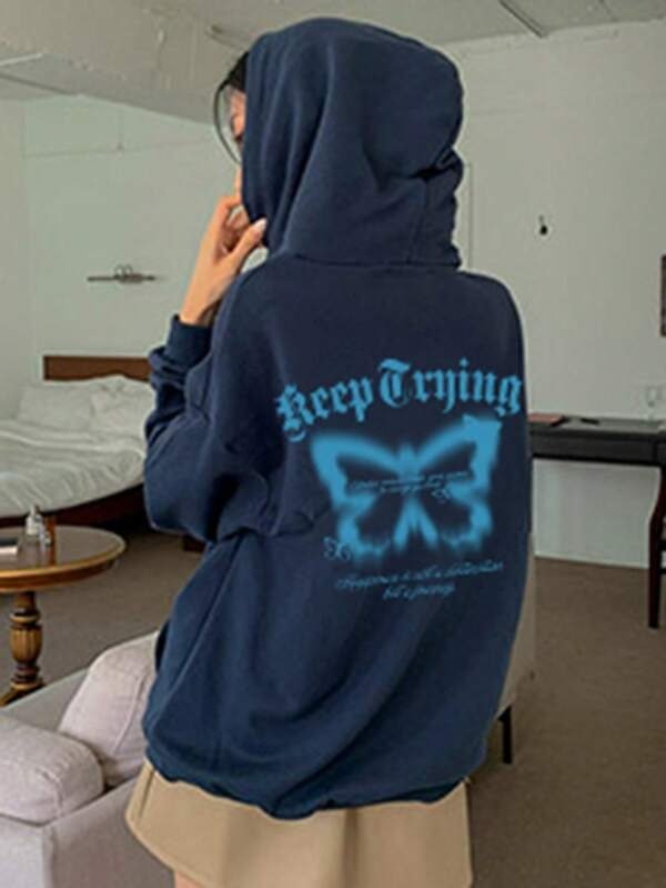 Dazy Star Slogan & Butterfly Print Drop Shoulder Hoodie