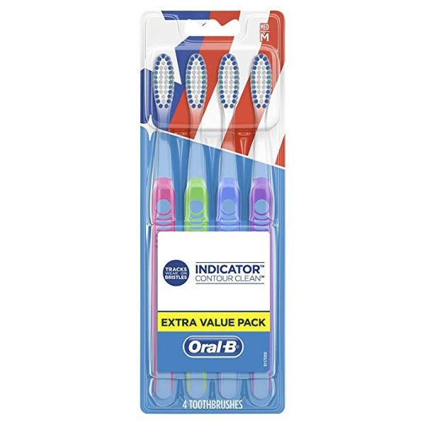 Indicator Contour Clean Toothbrushes, Extra Value Pack, Medium, 4 Count (Color May Vary)