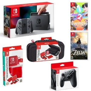 Nintendo Switch 灰色 Joy-con+双游戏+Pro手柄+Switch游戏卡带收纳盒+Switch收纳盒