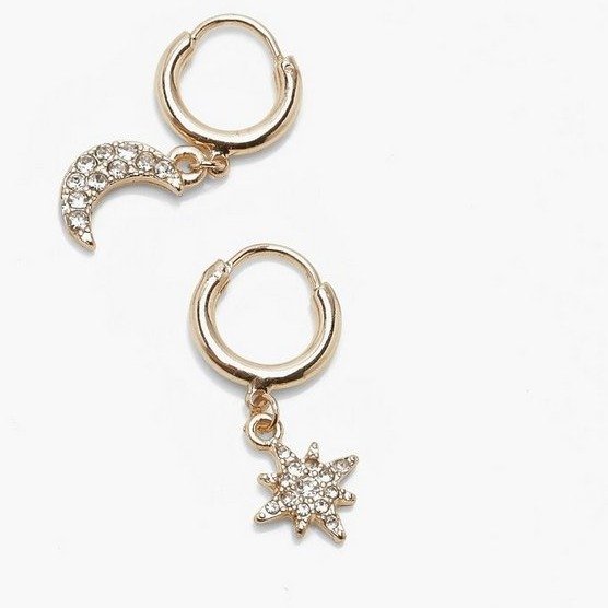 Star And Moon Diamante Huggie Hoop Earrings