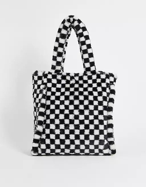 check fluffy tote bag in black and white