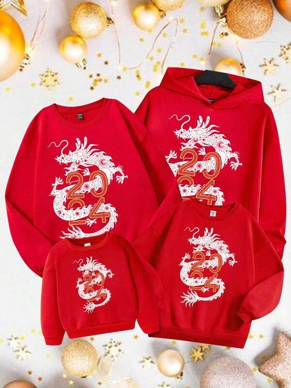 Essnce Chinese Dragon New Year Pattern Loose Fit Women'S Red Sweatshirt
