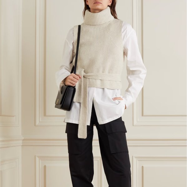 Belted ribbed wool and cashmere-blend turtleneck sweater