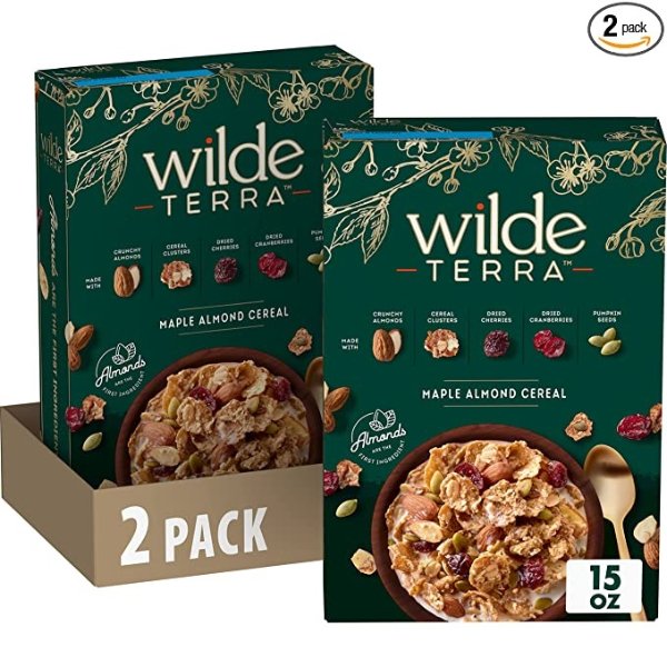 Maple Almond Wilde Terra High Fiber Cereal, 15 OZ Cereal Box (Pack of 2)