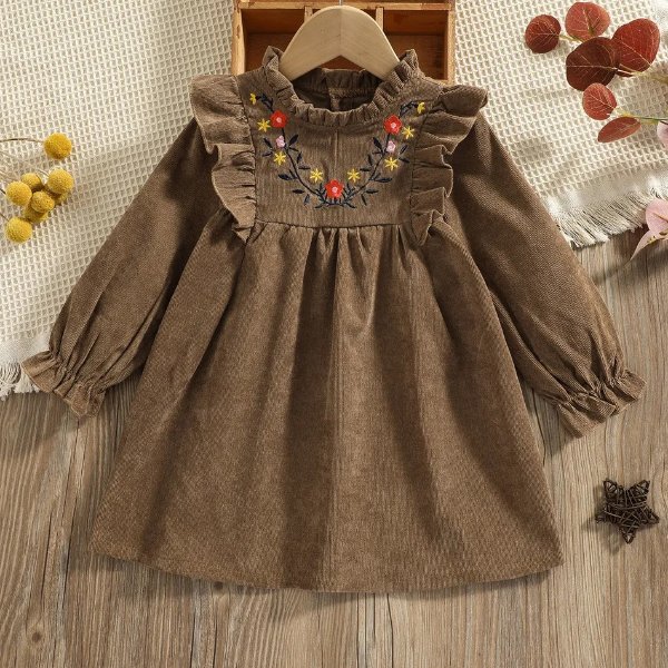 Toddler Girl 100% Cotton Floral Embroidered Ruffle Collar Long-sleeve Dress