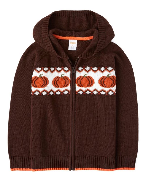 Boys Long Sleeve Pumpkin Zip Up Hooded Sweater - Harvest