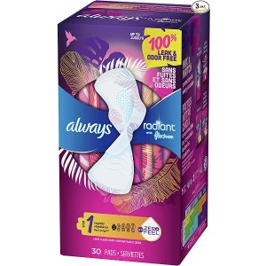 alwaysRadiant Feminine Pads for Women, Size 1, 90 Count, Regular Absorbency, Light Clean Scent (30 Count, Pack of 3 - 90 Count Total)