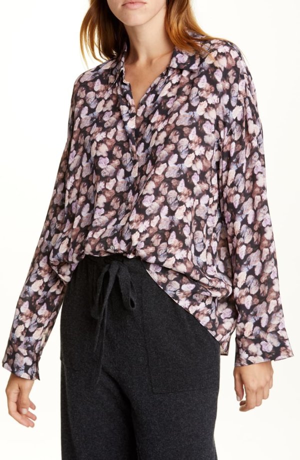 Floral Micropleat Long Sleeve Silk Shirt