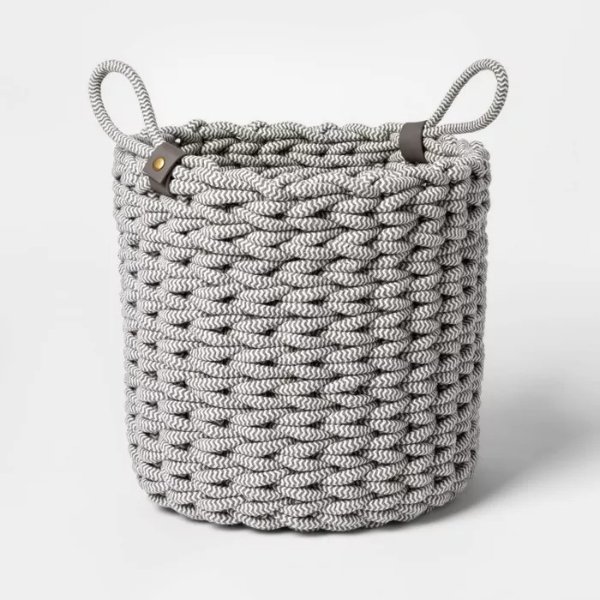Coiled Rope Fishtail Weave Basket with Faux Leather Accent Gray - Project 62™