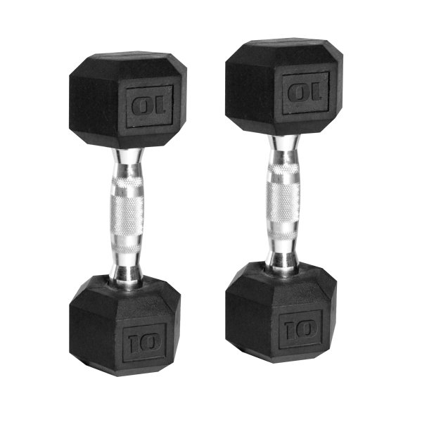 Barbell, 10lb Coated Rubber Hex Dumbbell, Pair