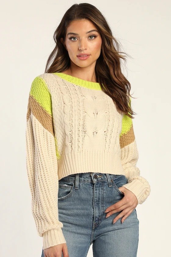Style Statement Cream and Lime Cable Knit Sweater