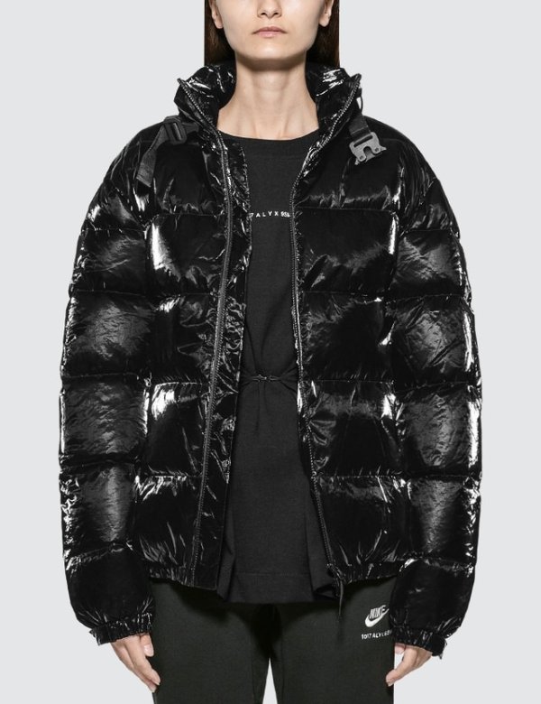 Patent Puffer Jacket With Nylon Buckle