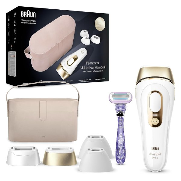 IPL Silk·expert Pro 5 PL5347 Latest Generation IPL for Women and Men, At-Home Hair Removal System, White and Gold, with Wide Head and Two Precision Heads