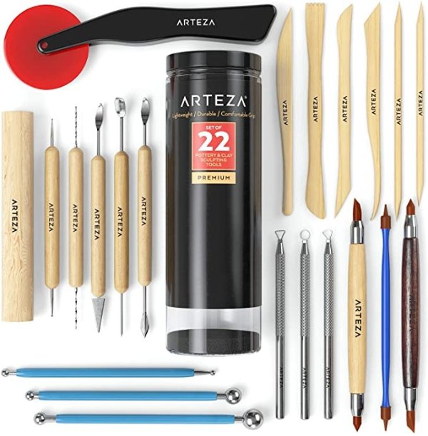 Pottery Tools & Clay Sculpting Tools, Set of 22 Pieces in PET Storage Tube, for Clay, Pottery, Ceramics Artwork & Holiday Crafts
