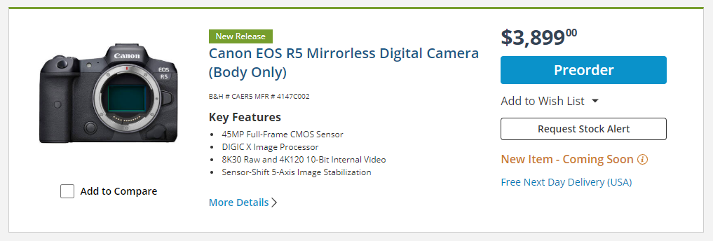 佳能 Canon EOS R5 & R6 无反相机 新品预购 $3,899/$2,499