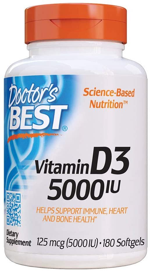 Doctor's Best Vitamin D3 5000IU, Non-GMO, Gluten & Soy Free, Regulates Immune Function, Supports Healthy Bones, White,  180 Count