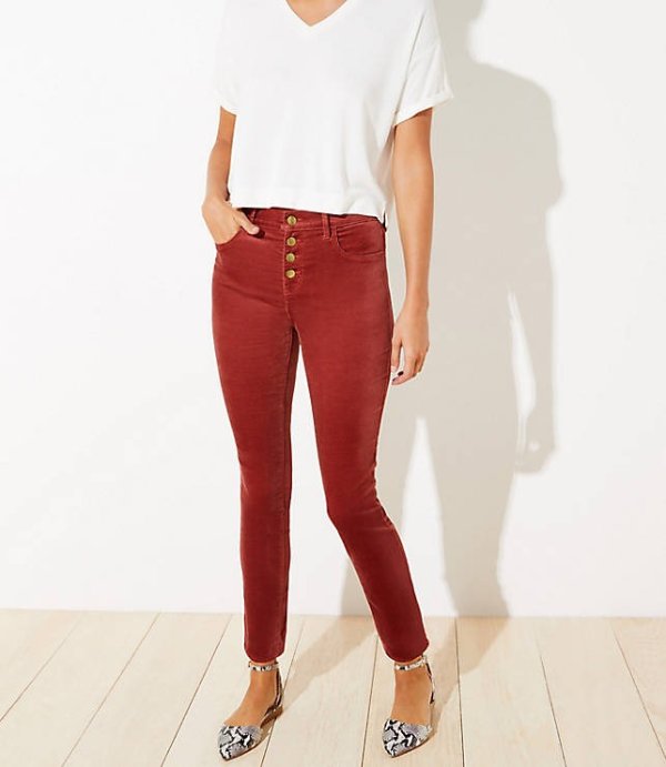 Velvet Button Fly Skinny Jeans in Plush Rose | LOFT