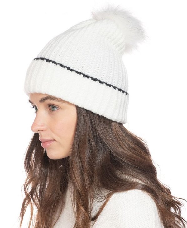 Ribbed Beanie Hat With Faux-Fur Pom, Created for Macy's