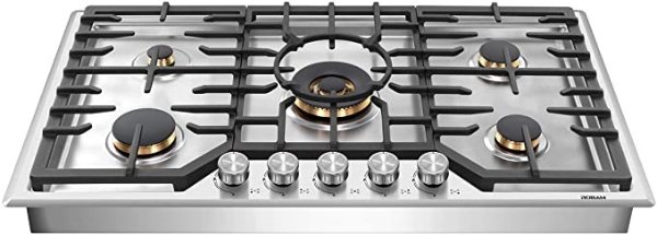 G515 36” Gas Cooktop Stove with 5 Italian-Made DEFENDI Burners (Pure Copper) | 20,000 BTU w/Flame Failure System, Matte Cast Iron Grates (Including Wok Grate) | Natural Gas Or LPG