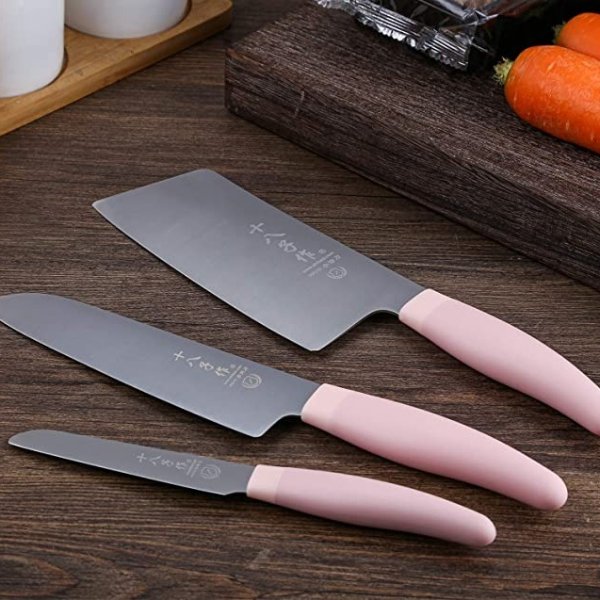 Knife Set of 3 Piece Kitchen Knife Meat Cleaver Santoku Knife Paring Knife Cutting Meat Vegetable Fruit for Home Pink