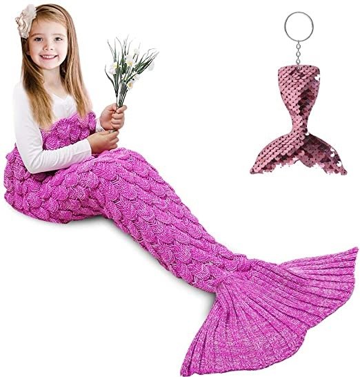 女童 美人鱼尾造型编织毯+送钥匙链