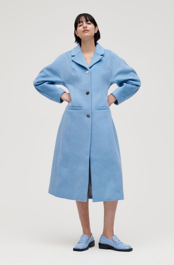 Placid Blue Wool Curved Sleeve Fitted Coat | GANNI US
