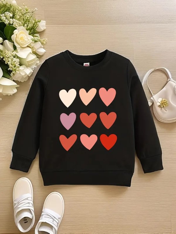 Cute Hearts Print Valentine's Day Girls Tops, Long Sleeve Loose Sweatshirt Kids Casual Sweater For Sports Outdoor/ Holiday Gift