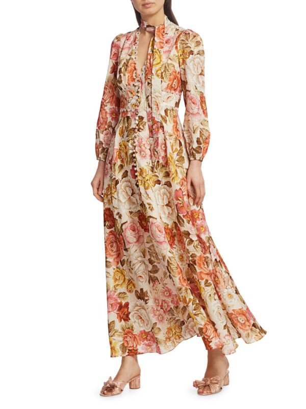 - Bonita Long-Sleeve Floral Linen Dress