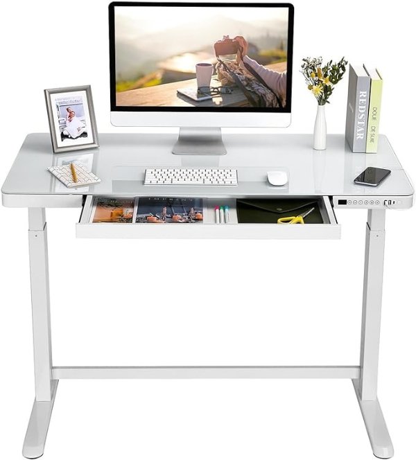 SANODESK Standing Desk with Drawer, Electric Height Adjustable Home Office Desk with Storage & USB Ports, 55 inch White Wood Tabletop/White Frame
