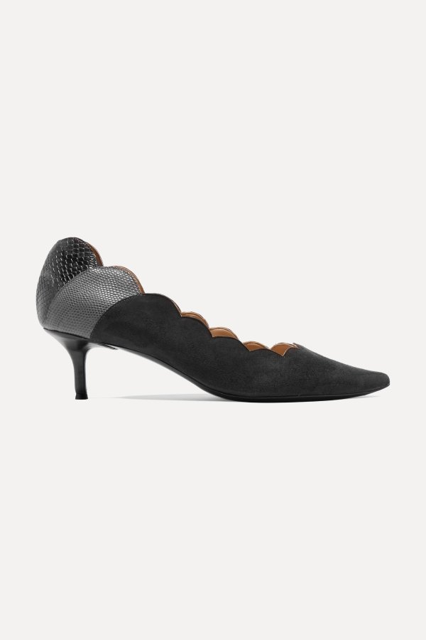 Lauren scalloped snake-effect leather paneled suede pumps