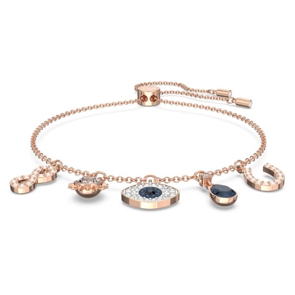 Symbolic bracelet, Infinity, evil eye and horseshoe, Blue, Rose gold-tone plated by