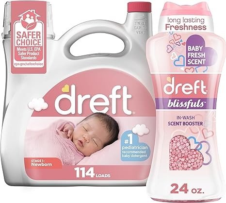 Bundle of Dreft Stage 1: Newborn Baby Liquid Laundry Detergent 114 loads 165 fl oz + Blissfuls In-Wash Scent Booster Beads, Baby Fresh Scent, 24 oz