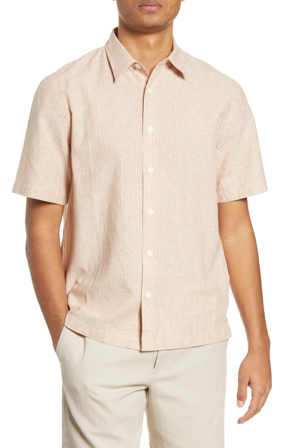 Stripe Short Sleeve Chambray Button-Up Shirt