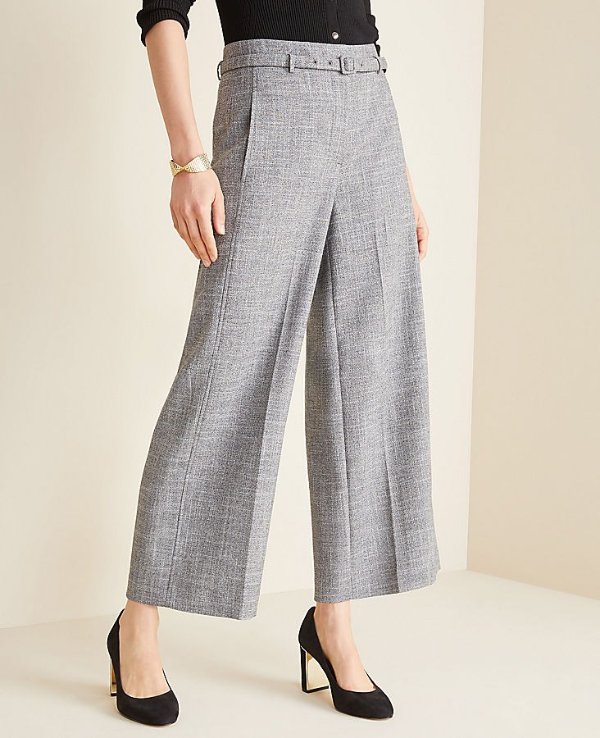 The Belted Wide Leg Marina Pant in Crosshatch | Ann Taylor