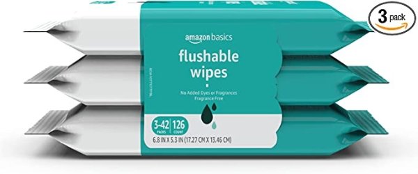 Amazon Basics Flushable Adult Toilet Wipes, Fragrance Free, 126 Count (3 Packs of 42)