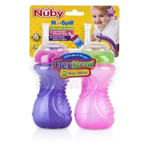 Roll over image to zoom in Nuby No-Spill Cup with Flex Straw, 10 Ounce, Pink and Purple