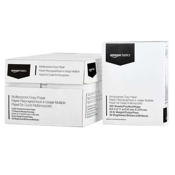 Amazon Basics Multipurpose Copy Printer Paper, 8.5" x 11", 20 lb, 10 Reams