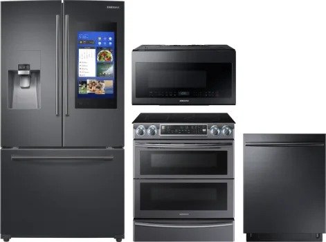 Samsung SARERADWMW4801 4 Piece Kitchen Appliances Package with French Door Refrigerator, Electric Range, Dishwasher and Over the Range Microwave in Black Stainless Steel