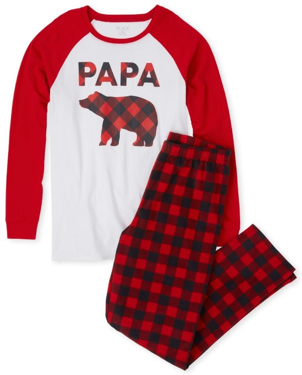 Mens Matching Family Christmas Long Raglan Sleeve Buffalo Plaid Print Cotton Top And Fleece Pants Pajamas