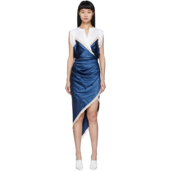White & Blue Silk Draped Slip Dress