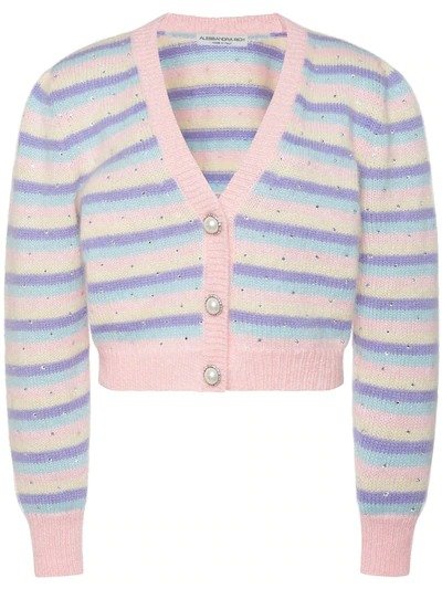 STRIPED MOHAIR KNIT CARDIGAN W/ CRYSTALS