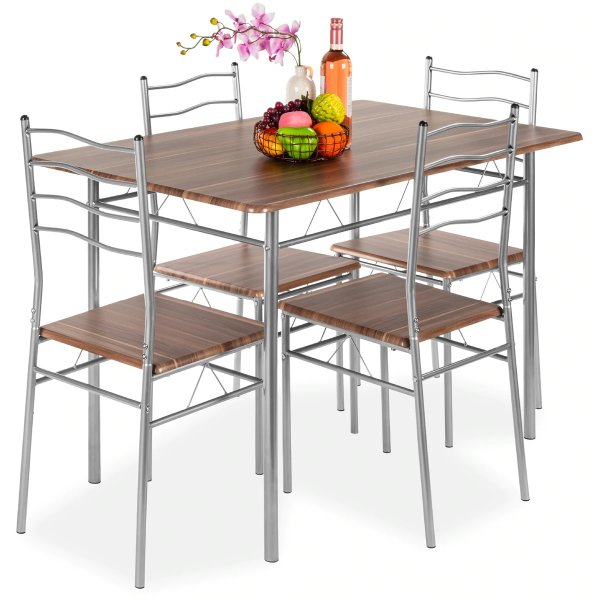 5-Piece Wooden Kitchen Table Dining Set w/ Metal Legs, 4 Chairs