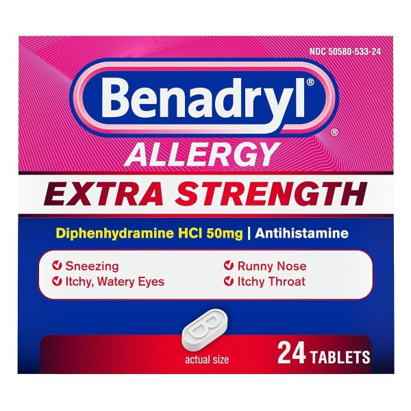 Allergy Relief Tablets, Extra Strength, Antihistamine with 50 mg of Diphenhydramine HCl, Relief of Cold & Allergy Symptoms like Runny Nose, Itchy Eyes & More, 24 count