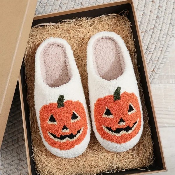 Halloween Pumpkin Pattern Plush Slippers, Closed Toe Soft Sole Flat Shoes, Cozy & Warm Fuzzy Home Slippers