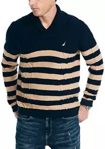 Shawl Neck Striped Cable Knit Sweater