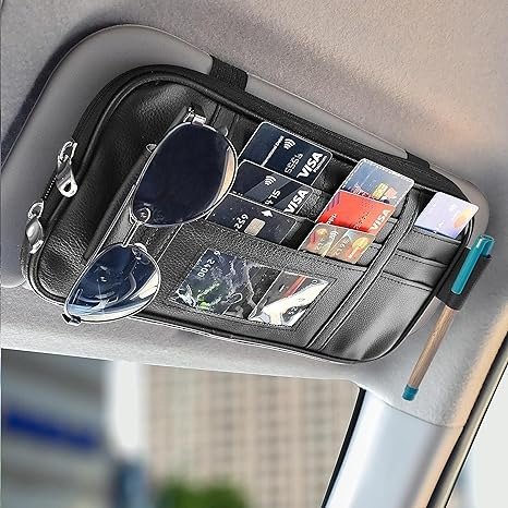 EcoNour Car Sun Visor Organizer (Black) | Storage Pouch Holder with Multi-Pocket Net Zipper | Sun Visor Organizer for Sunglass, Coin, Cash, Pen | Auto Interior Accessories for Car, Truck & SUV