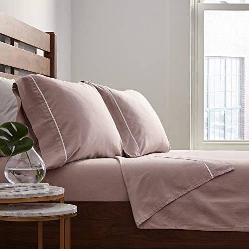 Contrast Hem Breathable Cotton Linen Bed Sheet Set, King, Lilac / White