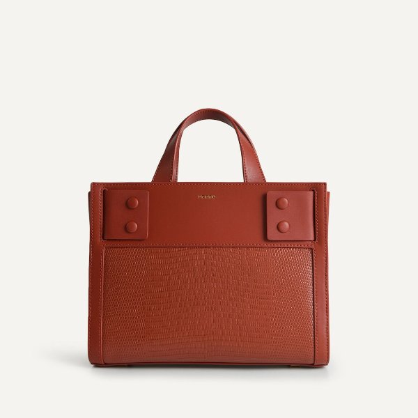 Lizard-Effect Leather Top Handle Bag - Brick