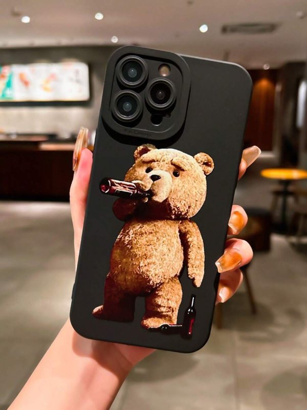 1pc Black Anti-drop Tpu Phone Case With Camera Protection, Eye Pattern & Bear Design, Compatible With Iphone