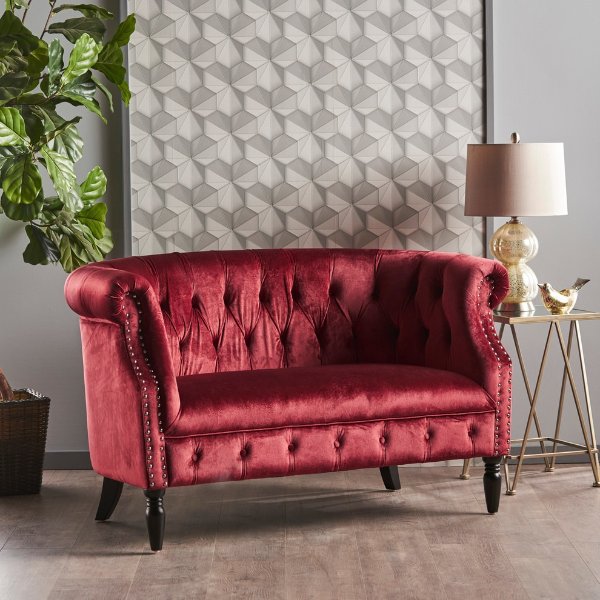 Melaina Tufted Chesterfield Velvet Loveseat With Scrolled Arms - Traditional - Loveseats - by GDFStudio